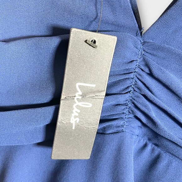 Lulu's Midi Cocktail Party Dress MEDIUM Blue V-neck Tiered Wedding Holiday NEW - Picture 6 of 11